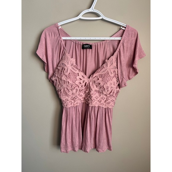Blue B Collection Tops - Blue B Collection Dusty Pink Lace Crochet V-Neck Flutter Sleeve Peplum Top M
